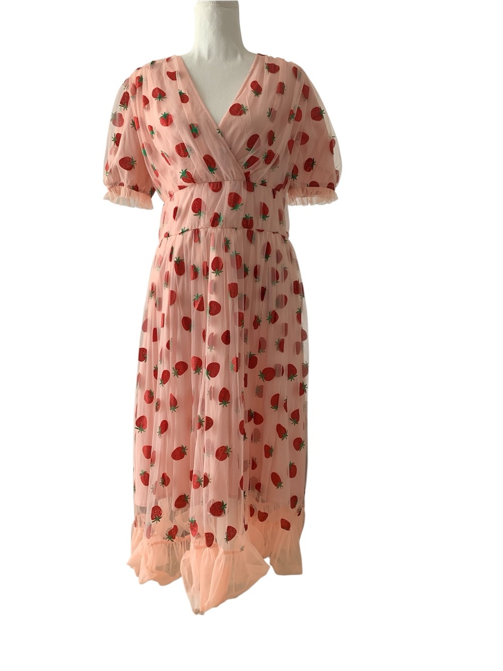 Pink Strawberry-Print Midi Dress with Puff Sleeves